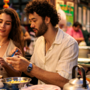 Couple enjoying a cozy hot pot dinner side by side